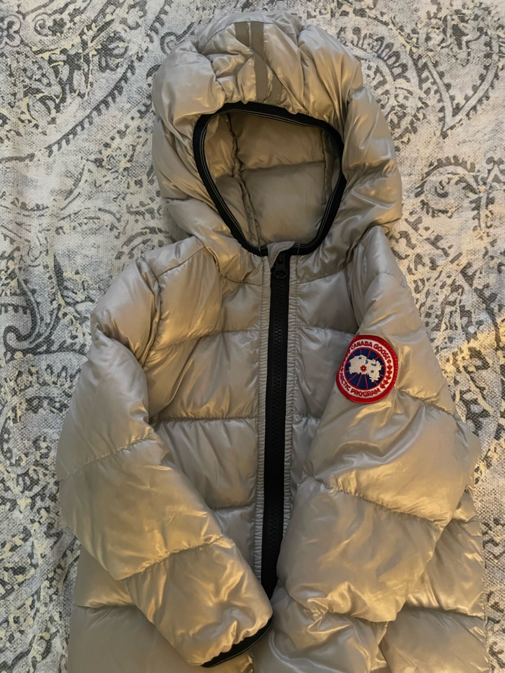 Canada Goose Kids Metallic Taupe Puffer Jacket with Logo Patch